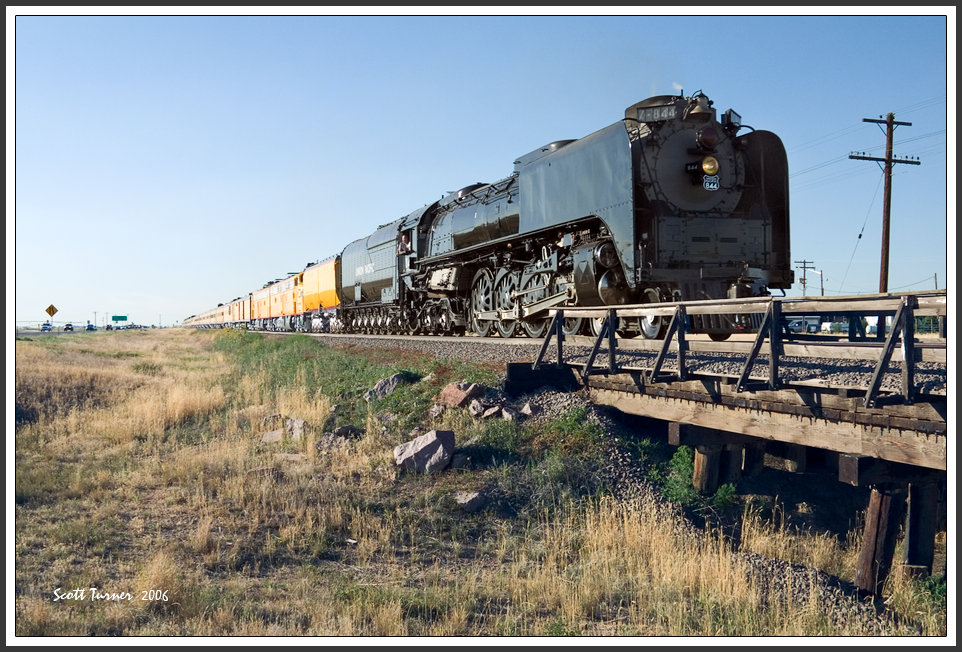 UP #844 at Pierce with Frontier Days train