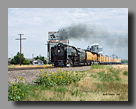 Photo: Union Pacific Northern 844 passes grain elevators in Bushnell, NE