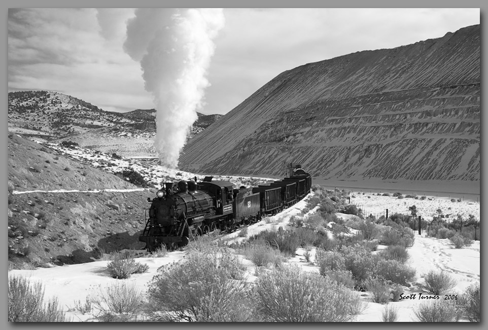 Photo: Nevada Northern Railway #93 passes mine tailings on Keystone branch